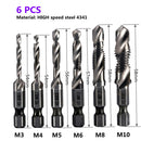 1-6pc M3 M4 M5 M6 M8 M10 Tap Drill Bits 1/4 Hex Shank Machine Hand Taps Titanium Coated HSS Drilling Tap Bits Thread Screw Tools
