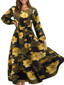 Women Elegant Floral Printed Long Dresses Spring Summer Casual O Neck Long Sleeve Ladies Chic High Waist A Line Beach Dresses
