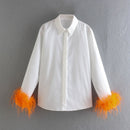 Green Feathers on the Cuffs Womens Blouses Long Sleeves Women&