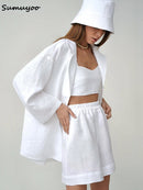 Sumuyoo Summer White 100% Cotton Shorts Suits Women 2022 Long Sleeve Casual Top Sets Wide Leg Shorts Sets 2 Pieces Outfits