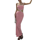Summer Women Satin Silky Spaghetti Strap Split Long Dress Elegant Sleeveless Backless Club Party Beach Sexy Vestito 2021