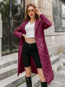 Simplee Long straight winter coat with rhombus pattern Casual sashes women parkas Deep pockets tailored collar stylish outerwear