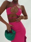 Cryptographic Bandage Cut Out Sexy Halter Neck Top and Skirts Set Gathered Elegant Club 2022 Summer Outfits Split Two Piece Set