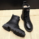 Pofulove Winter Boots Women Shoes Black Leather Boots Fur Ankle Booties Velvet Plush Warm Platform Shoes Fashion Designer Botas