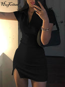 Hugcitar 2021 Short Sleeve Slit Sexy Mini Dress Summer Women Fashion Streetwear Outfits Cute Solid Y2K Party Clothing