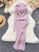 SINGREINY Women Korean Knitted Dress Long Sleeve V Neck Elastic Slim Pencil Dresses 2021 Autumn Sexy Bodycon Split Sweater Dress