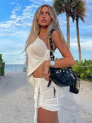Jacqueline 2022 Drawstring Dress Summer Sets Womens Outfits Sexy One Shoulder Crop Top and Mini Skirts Sets Co-Ord Club Party