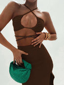 Cryptographic Bandage Cut Out Sexy Halter Neck Top and Skirts Set Gathered Elegant Club 2022 Summer Outfits Split Two Piece Set