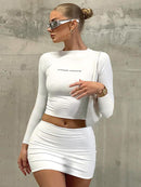 Hugcitar Letter Print Solid Turtleneck Short Sleeves Crop Top Skirts 2 Pcs Set Sexy Slim Summer Fashion Outfit Streetwear Sports