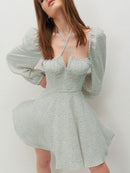 NewAsia Floral Dress Women Lantern Long Sleeve Ruched Print A Line Square Neck Tie up Mini Vestidos Sexy Chic Summer Beach Dress