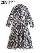 ZEVITY New Women Vintage Geometric Print Pleats Casual Slim Midi Shirt Dress Female Chic Pleats Ruffles A Line Vestido DS395