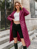 Simplee Long straight winter coat with rhombus pattern Casual sashes women parkas Deep pockets tailored collar stylish outerwear