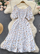 YuooMuoo Limited Big Sale Women Dress Fashion Romantic Floral Print Split Long Summer Dress Puff Sleeve Party Korean Vestidos