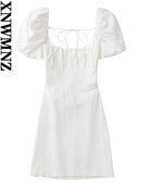 XNWMNZ women white fashion linen blend dress female square neck short puff sleeves backless crossover straps dress for women's