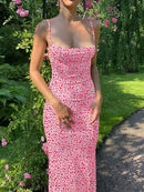 Hugcitar Flower Print Slip Sleeveless Backless Slim Sexy Maxi Dress 2022 Spring Women Elegant Streetwear Party Clothing Concise