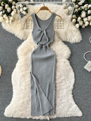 ALPHALMODA 2021 Summer Hollow Out Twisted Back Sleeveless High Slit Sexy Women Knitted Dress Solid Color Feminine Mid-calf Dress