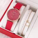 Ladies Watch Set Fashion Starry Dial Bracelet Women's Leather Strap Quartz Girl's WristWatch(No Box)