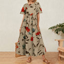 Vintage Floral Long Dress Women Summer Elegant Linen Short Sleeve Boho Maxi Dress Female Holiday Sundress Party Dresses Vestidos
