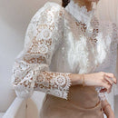 Vintage Solid White Lace Blouse Shirts Women New Korean Button Loose Shirt Tops Female Hollow Casual Ladies Blouses Blusas 12928