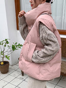 Women Thick Down Cotton Vest Winter Autumn Solid Puffer Waistcoat for Female Stand Collar Loose Sleeveless Vest Jacket Coat