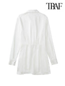 TRAF Women Fashion With Gathered Satin Mini Dress Vintage V Neck Long Sleeve Female Dresses Vestidos Mujer