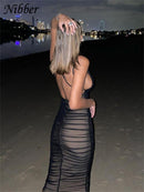 Nibber 2021 Sexy Mesh Pleated Long Prom Dresses For Women's Clothing Solid Color Beach Party Wear Midi Wrap Dress Street Outfit
