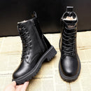 Pofulove Winter Boots Women Shoes Black Leather Boots Fur Ankle Booties Velvet Plush Warm Platform Shoes Fashion Designer Botas