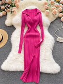 SINGREINY Women Korean Knitted Dress Long Sleeve V Neck Elastic Slim Pencil Dresses 2021 Autumn Sexy Bodycon Split Sweater Dress