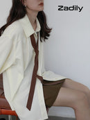 Zadily 2022 Summer Minimalist Long Sleeve Button Up Shirt Women Korean Style Solid Tie Oversize Shirts Blouse Loose Clothes Tops