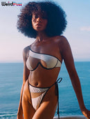 Weird Puss Beach Style Women Bikini 2 Piece Set Sexy Mesh Patchwork One Shoulder Bra Top+Bandage Briefs Vacation Trend Clubwear