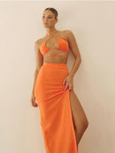 Cryptographic Bandage Cut Out Sexy Halter Neck Top and Skirts Set Gathered Elegant Club 2022 Summer Outfits Split Two Piece Set