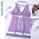 Ellolace Red Lingerie 5-Pieces Fancy Underwear Sexy Women Uncensored Transparent Bra Garters Briefs Sets Bandage Sex Outfits
