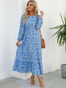 Women Elegant Floral Printed Long Dresses Spring Summer Casual O Neck Long Sleeve Ladies Chic High Waist A Line Beach Dresses