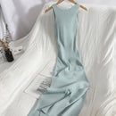 OCEANLOVE Korean Knitted Robe Femme Summer V Neck Sleeveless Kink Hollow Out Sexy Slim Bodycon Dress Split Fork Long Vestidos