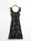 Dresses For Women 2022 Elegant Vintage Floral Dress Frill Sweetheart Neck Sleeveless Strap Tie Ruffle Hem Summer Beach Dress