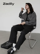 Zadily 2022 Summer Minimalist Long Sleeve Button Up Shirt Women Korean Style Solid Tie Oversize Shirts Blouse Loose Clothes Tops