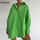 Sampic Women Blue Suit 2022 Casual Loose Long Sleeve Shirt Summer Tops And Mini Shorts Fashion Tracksuit Two Piece Set Outfits