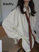 Zadily 2022 Summer Minimalist Long Sleeve Button Up Shirt Women Korean Style Solid Tie Oversize Shirts Blouse Loose Clothes Tops