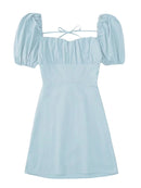 XNWMNZ women white fashion linen blend dress female square neck short puff sleeves backless crossover straps dress for women's