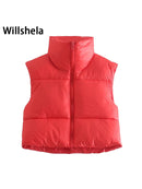 Willshela Women Fashion High Neck Cropped Waistcoat Puff Vest Casual Woman Sleeveless Jacket Chic Lady Winter Warm Outfits