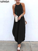 Printed Maxi Dresses VONDA Bohemian Sexy Sleeveless Sundress Women Causal Halter Summer Beach Dress Asymmetric Long Dresses