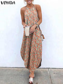 Printed Maxi Dresses VONDA Bohemian Sexy Sleeveless Sundress Women Causal Halter Summer Beach Dress Asymmetric Long Dresses