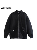 Willshela Women Fashion Oversized Bomber Jackets Coat With Pockets Front Zipper Vintage O-Neck Long Sleeves Female Chic Outwears