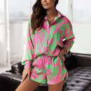 Print Shorts Suits Woman Vintage Long Sleeve Shirt And Short Pants Suit Two Piece Set Female Casual Outfit