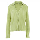 Ladies Shirt Suits Pleated Notched Single-Breasted Female Cardigan Two-Piece Loose Shirts and High-Waist Wide-Leg Pants Sets