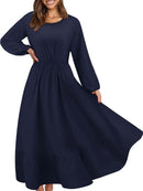 Women Elegant Floral Printed Long Dresses Spring Summer Casual O Neck Long Sleeve Ladies Chic High Waist A Line Beach Dresses