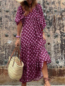 Boho Maxi Dress Women Floral Print Summer Holiday Beach Dress Female Short Puff Sleeve Loose Sundress Green Vestidos Mujer