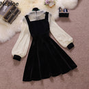 Neploe Vintage Velvet Black Dress Stand Neck Lantern Sleeve Party Robe High Waist Slim Vestidos Korean Elegant Dresses Women