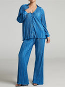 Ladies Shirt Suits Pleated Notched Single-Breasted Female Cardigan Two-Piece Loose Shirts and High-Waist Wide-Leg Pants Sets