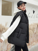 Women Thick Down Cotton Vest Winter Autumn Solid Puffer Waistcoat for Female Stand Collar Loose Sleeveless Vest Jacket Coat